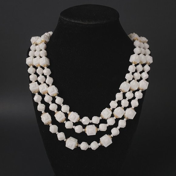 Hong Kong Jewelry - Vintage Hong Kong White Gold Square Chunky Beaded Layered Multi Strand Necklace